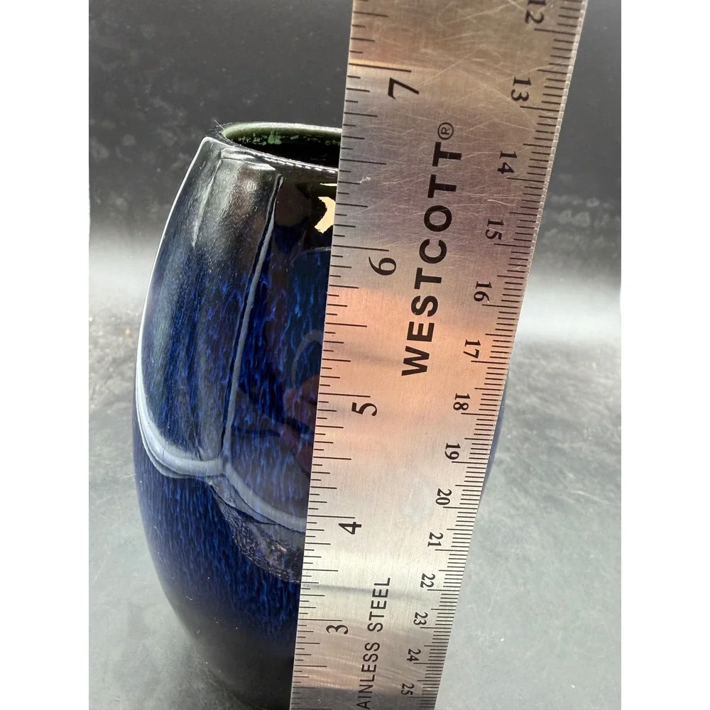 Blue Black Drip Glaze Ceramic Vase Ribbed Art Pottery Home Decor 7 Inch